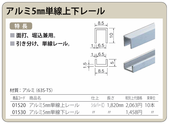 ガラス引き戸部材【アルミ5mm単線上下レール】 <アルミ> スリーナイン島野 | イプロスものづくり